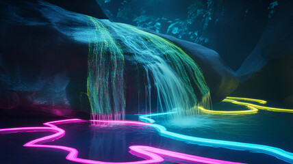 A colorful waterfall with neon accents in a dark, mysterious environment