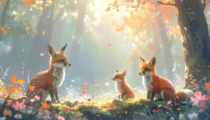 Three Foxes in a Forest Clearing
