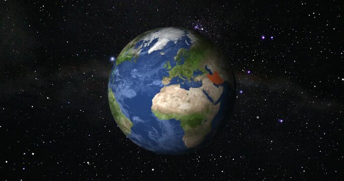 Iran map highlighted with border, zooming in from the space. Beautiful view of the Globe from Orbit Satellite.