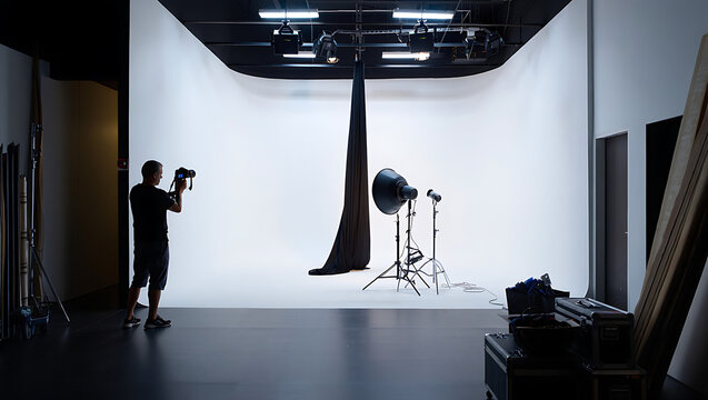 A Professional Photography Studio Setup with Equipment and a Photographer Preparing for a Shoot in a Brightly Lit White Cyc Environment