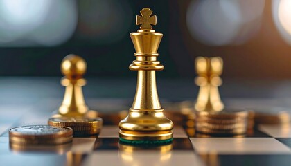 Golden King Chess Piece, Pawn & Coins on Chessboard. Strategic Business, Financial Planning & Success Concept.