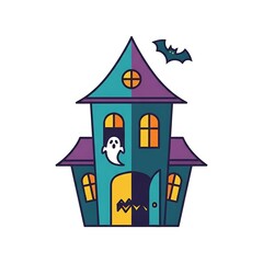 Haunted House with Ghost and Bat