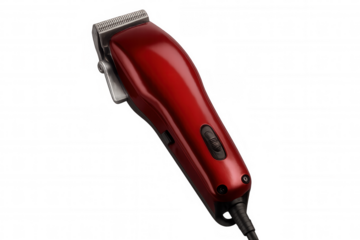 Red electric hair clipper for professional barbers and hairdressers, isolated on transparent background