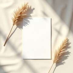 Invitation card mockup a blank white card surrounded by pampas grass casting shadows on a beige surface and white fabric