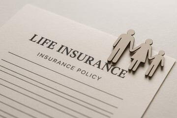 Obraz premium Life insurance policy document with family paper cutout symbolizing protection and security