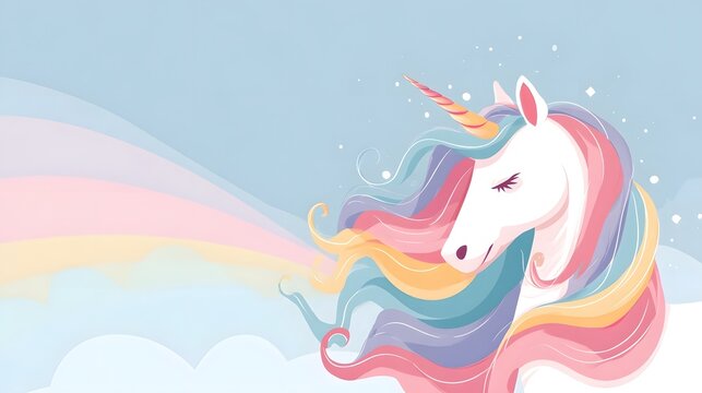 A pastel colored unicorn with a flowing rainbow mane and tail set against a dreamy sky background