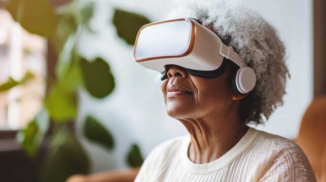 Senior person wearing virtual reality headset.