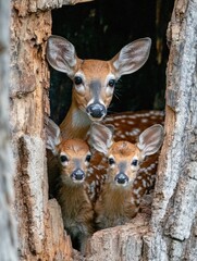 Three fawn deer peek out from a hollow in a weathered tree trunk, showcasing their adorable expressions and speckled coats.