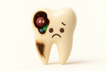 Sad cartoon tooth with deep cavity showing bacteria inside, symbolizing severe tooth decay, oral health damage, and the need for dental treatment.
