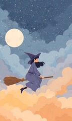 A whimsical witch flies on a broomstick through the starry night sky amidst mystical clouds