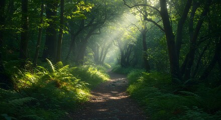 Obraz premium Sunlight path through lush forest