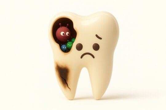 Sad cartoon tooth with deep cavity showing bacteria inside, symbolizing severe tooth decay, oral health damage, and the need for dental treatment.
