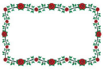 Red rose floral border frame with green leaves on white background. Elegant botanical decoration for invitations, greeting cards, wedding, and romantic design.