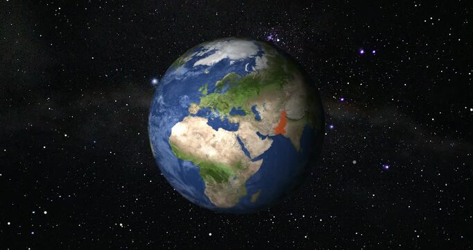 Pakistan map highlighted with border, zooming in from the space. Beautiful View of the Globe from Orbit Satellite.
