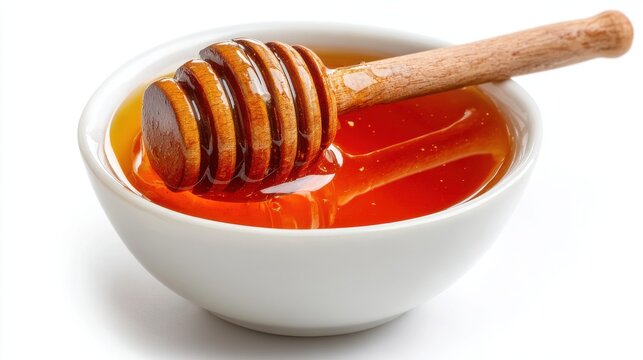 Ultra quality image of honey with wooden honey dipper in white bowl isolated on white background. - Powered by Adobe