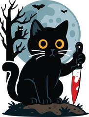 Black Cat with Bloody Knife Halloween Illustration