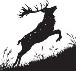 Silhouette of a leaping stag with stars on white background