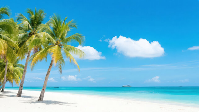 Fototapeta Summer Solstice Solar Term: Beach with Coconut Trees, Blue Sky, and White Clouds for a Vacation and Tourism Background