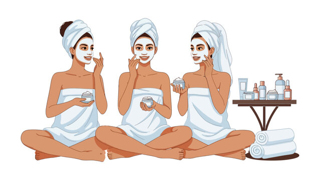 Three young women with towels wrapped around their heads and bodies applying face masks and holding skincare products in a spa setting