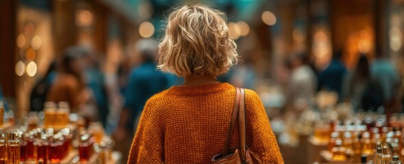 Woman walks through a busy shop, back to camera. Shelves of goods flank sides, blurry people in background