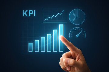 Naklejka premium KPI concept with hand pointing at glowing bar chart and data visualization elements