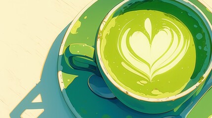 Steaming matcha latte in cozy cup, vibrant green beverage with heart design, perfect for café menus or wellness blogs.