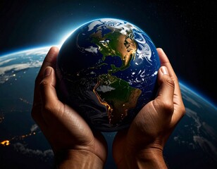 Human Hands Holding the World in the Darkness of Space