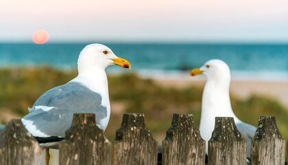 Seagulls on Fence at Sunset Beach