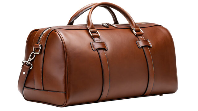Brown leather duffel bag isolated on transparent background, a stylish and practical accessory for travel and everyday use, showcasing its design