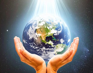 Human Hands Receiving Sacred Light Over Planet Earth