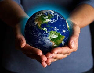 Protecting Planet Earth in Hands with Blue Background
