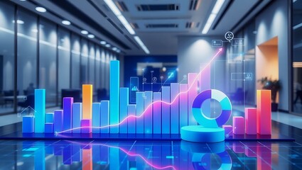 Futuristic Business Graphs and Charts with Data Analytics Holograms – Corporate Growth and Financial Success.