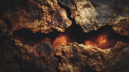 Textured Rock Formation with Golden Light Glimmering in Dark Crevice
