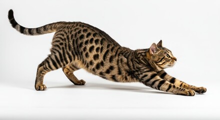 Spotted Bengal Cat Stretching on White Background