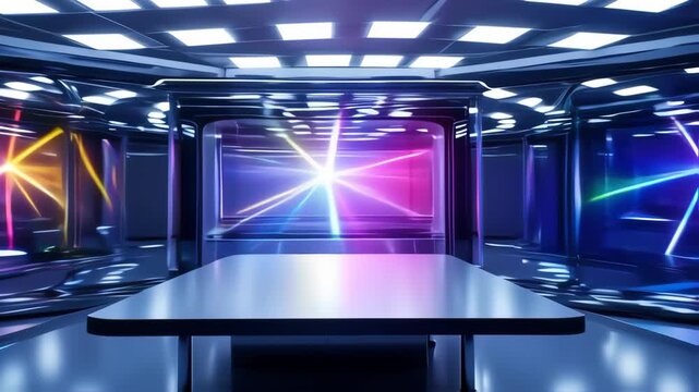 Futuristic, modern interior with a glossy, dark-toned surface, illuminated by vibrant, colored laser beams. A large table sits in the center of the space, reflecting the lights