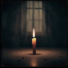 A solitary lit candle burning in a dimly lit room with a blurred window in the background, casting a warm, soft glow.