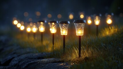 Night garden with solar-powered lights — soft warm glow lining pathways in a lush backyard landscape, energy-efficient outdoor lighting for eco-friendly homes, tranquil twilight atmosphere