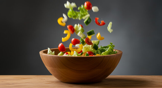 Fresh vegetable salad with cherry tomatoes cucumber bell peppers lettuce and carrots flying into a wooden bowl on a dark background and wooden surface - Powered by Adobe