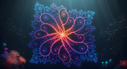 Vibrant psychedelic mandala glowing with neon colors against a dark background