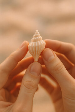 Child's hands gently hold a delicate, conical seashell, its ridged surface glowing in the warm sunlight of a serene beach setting.