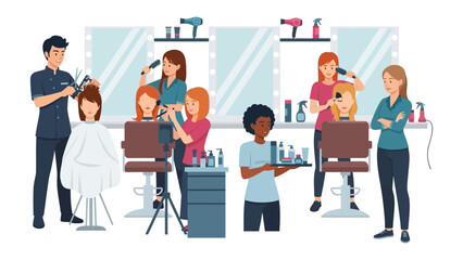 Fototapeta premium Diverse group of stylists and clients interacting in a modern hair salon with mirrors and tools illustrating beauty services and professional haircuts