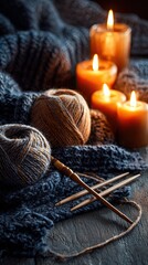 A cozy scene featuring knitting supplies, including yarn balls and needles, accompanied by glowing candles, creating a warm, inviting atmosphere.