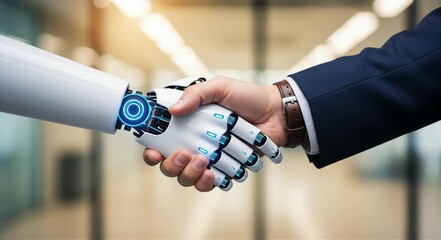 Confident businessman shakes hands with advanced AI robot signifying partnership and future technology integration in modern business settings - Powered by Adobe