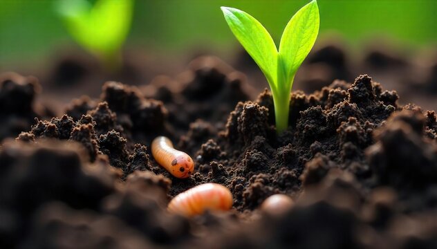 Fototapeta Dark, rich springtime soil freshly turned over, revealing earthworms and new growth Perfect for gardening, agriculture, and environmental themes Close-up texture shot , new growth, loam, gardening