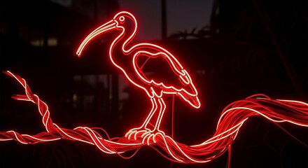 Obraz premium Glowing ibis neon sculpture perched on twisted illuminating branch, illuminated against a shadowed backdrop
