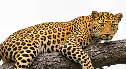 Obraz premium Leopard relaxing on a branch with a confident expression and a white background 