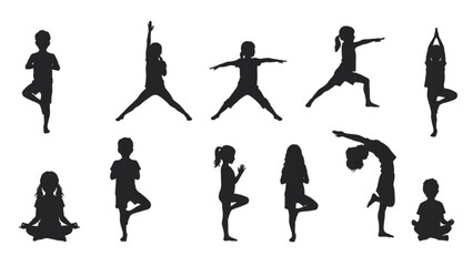Fototapeta premium Children Yoga Silhouette Illustration – Kids Performing Various Yoga Poses in Black Solid Minimalist Style