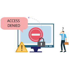Illustration of a man standing next to a computer screen displaying an access denied message isolated on white background concept of security error