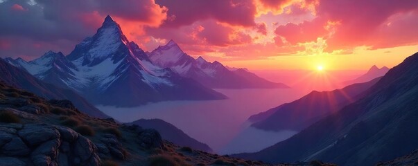 Epic cinematic mountain range landscape at sunset, perfect for fantasy, adventure, or sci-fi film backgrounds Dramatic lighting and vibrant colors create a breathtaking vista , sunset, power, epic