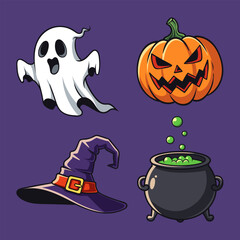 Halloween Cartoon Set Ghost, Pumpkin, Witch Hat, and Cauldron
